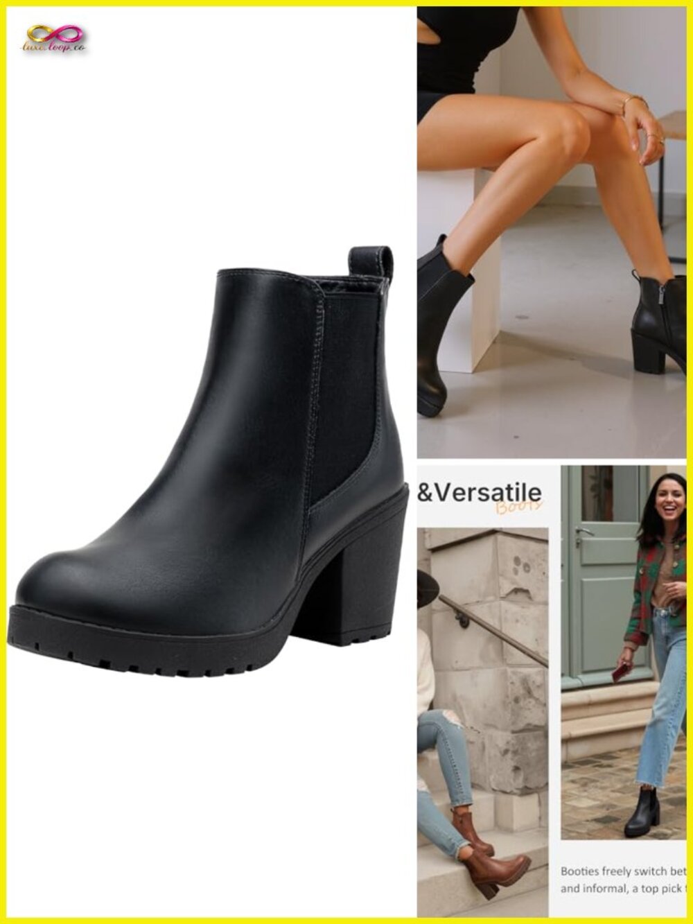 Women's Platform Chelsea Ankle Boots Chunky Block Heel Lug Sole Side Elastic
